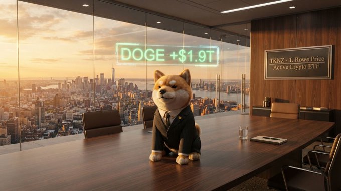 An AI-generated image of a Shiba Inu dog wearing a business suit sitting at a large wooden conference table in an office overlooking a city skyline, with a neon sign reading 'DOGE +$1.9T' and a T. Rowe Price Active Crypto ETF plaque.