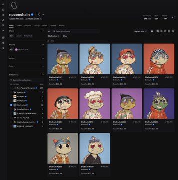 The image displays a collection of small, colorful children's characters from the popular video game, @heyshellmates. These characters include various animals like a turtle and frog as well as other cartoon-like figures such as a lion and duck. Each character is displayed on its own page with vibrant colors and interesting designs that make them stand out against the black background of the webpage. 

The post features details about these characters, including their names and prices for sale. There are a total of 6 characters in the image, showcasing a diverse group of items available for purchase. The main focus of this post is on the @heyshellmates collection and how it has been bought by the NPC team, as well as what items have been added to the inventory.
