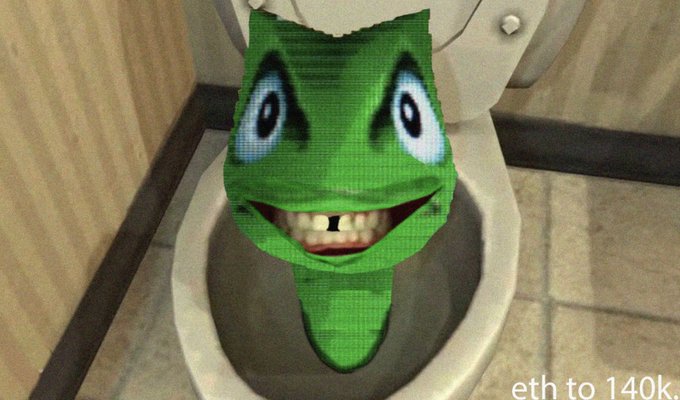 A digitally altered image showing a green Pepe the Frog meme face superimposed over a toilet bowl, with text 'eth to 140k.' at the bottom.