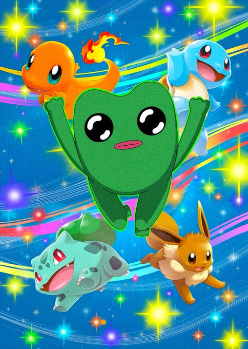 A colorful illustration featuring Pokémon characters Charmander, Squirtle, Bulbasaur, Eevee, and Bulbasaur floating against a starry, rainbow-streaked cosmic background.