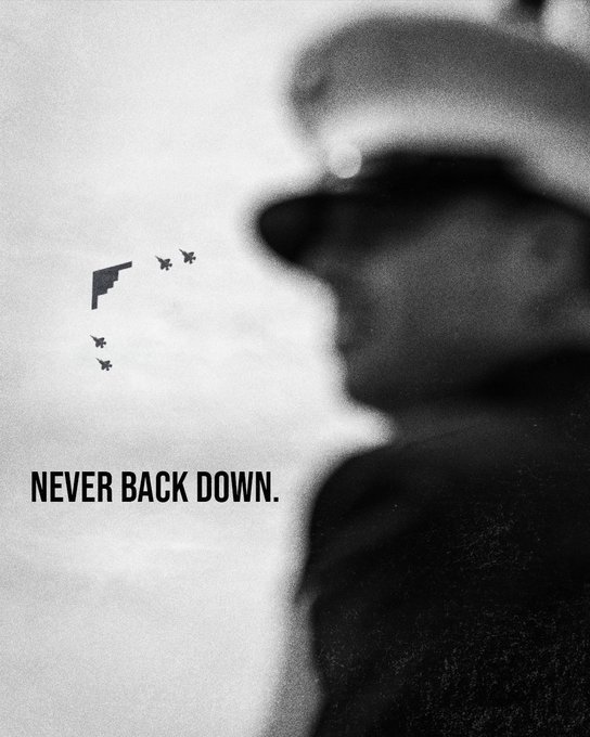 A black and white image showing the profile silhouette of a military officer in a peaked cap facing aircraft shapes in the sky, with the text 'NEVER BACK DOWN.'