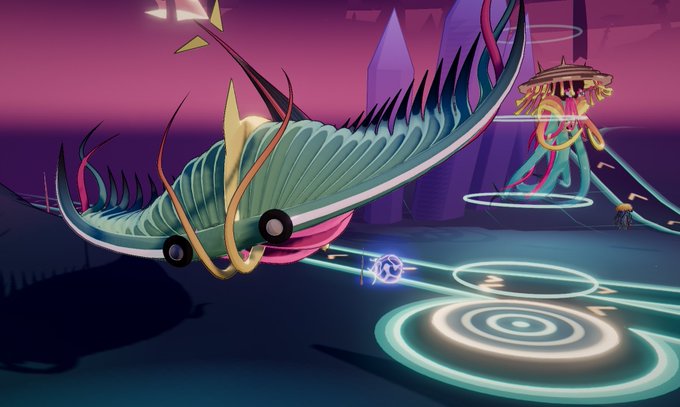 Digital artwork featuring a stylized fantasy creature with flowing ribbon-like appendages and wings, alongside a jellyfish-like figure, set against a purple background with glowing circular patterns on the ground.
