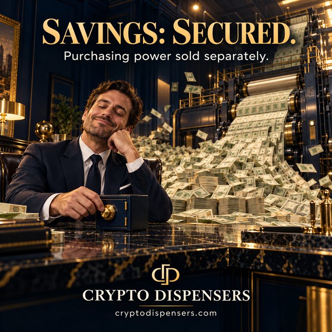 An advertisement reads “SAVINGS: SECURED. Purchasing power sold separately.” above a suited man beside a money-printing machine, with “CRYPTO DISPENSERS” and “cryptodispensers.com” at the bottom.
