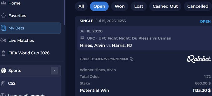 A Rainbet "My Bets" page displays an open SINGLE bet placed on July 15, 2026, for UFC Fight Night: Du Plessis vs Usman, with Hines, Alvin picked as the winner over Harris, RJ at total odds of 1.72, a $660.00 stake, and a potential win of $1,135.20. The bet aligns with the post's prediction backing "math teacher Alan Hines."