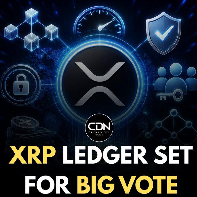 A promotional graphic featuring the XRP logo surrounded by blockchain-related icons (blocks, a speedometer, security shield, lock, and key), with the headline "XRP LEDGER SET FOR BIG VOTE" and the CDN Crypto DYI News watermark, visually reinforcing the announcement about an upcoming major vote on the XRP Ledger.