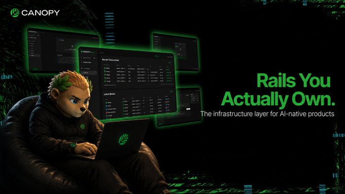 The image is a promotional banner for "Canopy," featuring a dark theme with green accents, showcasing a cartoon character working on a laptop alongside floating screens displaying UI elements like "Recent Transactions" and "Latest Blocks," with the tagline "Rails You Actually Own. The infrastructure layer for AI-native products."

This aligns with the post's theme about post-chain-launch scalability, visually suggesting that Canopy provides customizable infrastructure "rails" for diverse applications like gaming, AI, and DeFi ecosystems—each needing their own tailored execution environment rather than a one-size-fits-all solution.