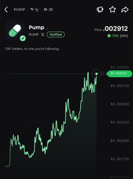 A mobile trading chart displays the $PUMP (PLUMP) token on the Pump platform, showing a price of $0.002912 with a 7.1% (24h) gain, supporting the post's claim of the token's recent upward movement. The candlestick chart visualizes this price increase over the displayed timeframe, with 13K holders noted.