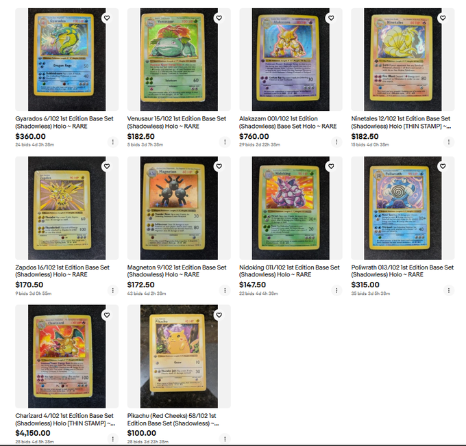 A screenshot of an online marketplace displaying various 1st Edition Base Set Pokémon trading cards for sale, including Gyarados, Venusaur, Alakazam, Ninetales, Zapdos, Magneton, Nidoking, Poliwrath, Charizard, and Pikachu, with prices listed in dollars ranging from $100 to $4,150.