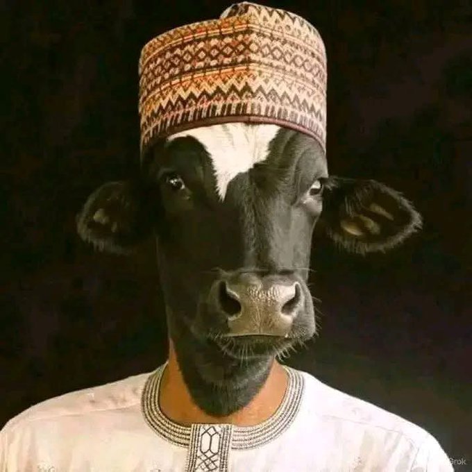 The image features an anthropomorphized cow wearing a hat that resembles a traditional African headdress or a beret. The cow's face is prominently displayed, giving viewers a unique perspective of this unusual sight. The caption below the image provides context about the post by @quipnetwork and its focus on future-ready infrastructure for organizations to protect sensitive data and blockchain operations using secure computing and quantum resistant protection.