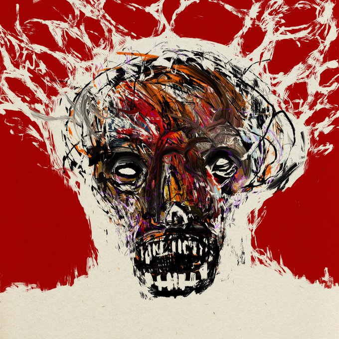 An expressive painting of a distressed, skull-like face with exposed teeth is set against a dramatic red background with white, vein-like brushstrokes.
