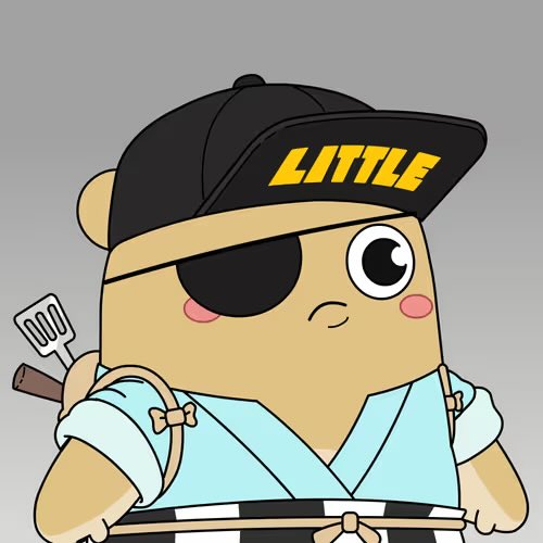 A cartoon bear character wearing a black cap with 'LITTLE' written in yellow, an eye patch, and a light blue outfit, holding a spatula.