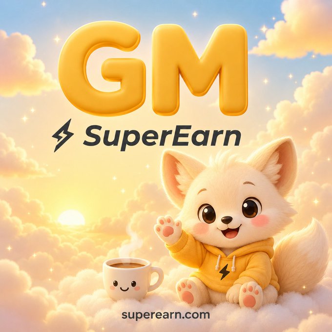 A cheerful promotional image for 'GM SuperEarn' featuring a smiling fox character in a yellow hoodie sitting on clouds next to a cute coffee cup, with the URL 'superearn.com' displayed.
