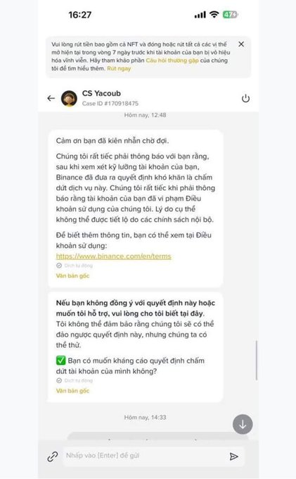 A screenshot of an email in Vietnamese from 'CS Yacoub' at Binance regarding account restriction notifications due to NFT regulations, with a checkbox option to appeal.