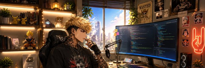 The image features a man sitting at his computer desk, wearing a black shirt with tattoos. He has a microphone in front of him and appears to be working or creating content related to web development or programming. The background shows an office setting with various items such as potted plants, bookshelves filled with books, and a TV screen. There is also a neon sign that reads "Wanted" above the man's desk.