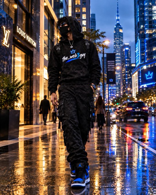 A streetwear-styled figure wearing black techwear, a face mask, and a 'the web3 guy' hoodie walks through a nighttime city street with Louis Vuitton and Bottega Veneta stores visible.