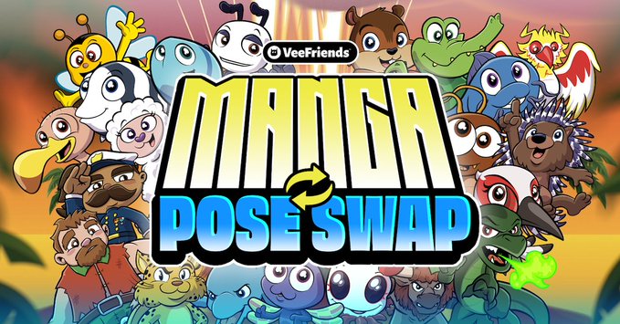 A promotional banner for Veefriends' "Manga Pose Swap" Series 2 collection, featuring colorful cartoon animal characters (including a zebra, frog, cow, and porcupine) surrounding the bold yellow and blue logo. The vibrant artwork illustrates the manga-style transformation being introduced for Series 2 characters, set against a tropical sunset background.