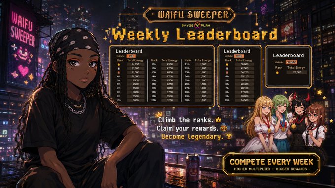 The image features a cartoon girl sitting down, with a city skyline behind her. The text on the image reads "Weekly Leaderboard" and "Compete Every Week", suggesting that this is an event for the game where players compete against each other in various challenges or tasks throughout the week. The post also mentions that the leaderboard is based on the number of wins, which means that the girl's performance will be compared to others who have won multiple times during the competition.

The image does not provide any specific information about the game being played, but it seems to be a game related to the popular streaming platform, Twitch. The post also mentions that the game is called "Waifu Sweeper" and that the girl in the image is a character from this game.
