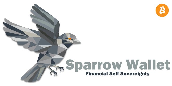 The image displays the Sparrow Wallet logo, featuring a geometric gray sparrow in flight alongside the Bitcoin (₿) symbol, with the tagline "Financial Self Sovereignty." It relates to the post by promoting Sparrow as a recommended desktop Bitcoin wallet that helps users understand key concepts like signatures and passphrases, potentially avoiding issues like the ColdCard debacle.