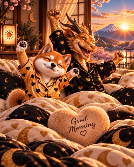 A whimsical 'Good Morning' illustration showing a happy Shiba Inu dog and a dragon in heart-patterned pajamas stretching in bed against a sunrise backdrop with Mount Fuji.
