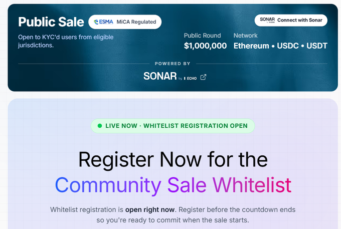 A public sale registration page powered by Sonar, advertising a $1,000,000 round on Ethereum with USDC and USDT, featuring ESMA MiCA regulation and live whitelist signup.