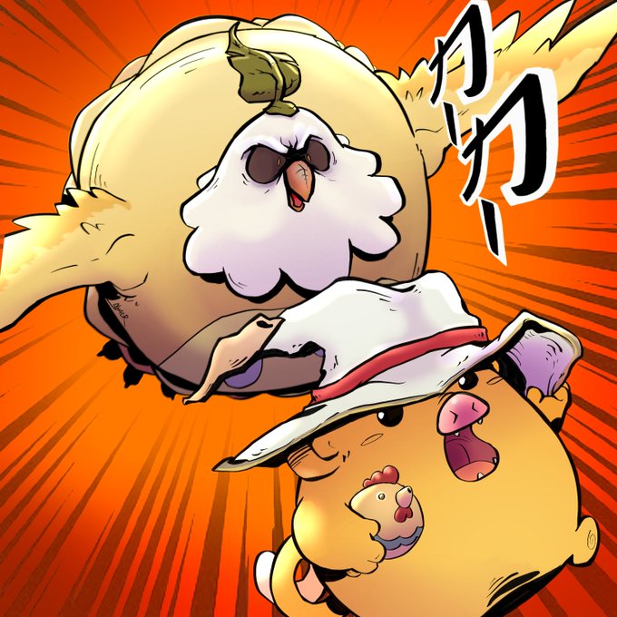The image features two cartoon characters, a large white bird with wings and a smaller yellow bird wearing a hat. The larger bird appears to be chasing or following the smaller one around. The background of the image has an orange glow, which adds a vibrant and energetic atmosphere to the scene. The post includes text that reads "Axie Art Spotlight: @IamSHADR This is how we ALL feel getting chased by Trunghorn".