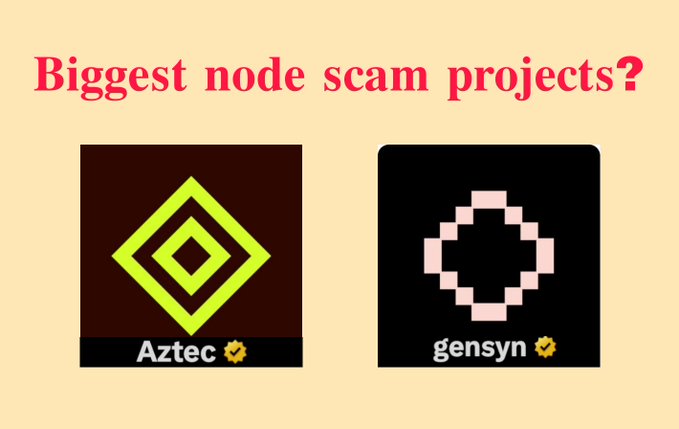 The image shows two squares with different logos for Aztec and Genesyn. The square with the Aztec logo has a yellow diamond shape at its center, while the Genesyn square features a pink circle. Both squares are placed on a light beige background. The text "Biggest node scam projects?" is written above each square in white letters.