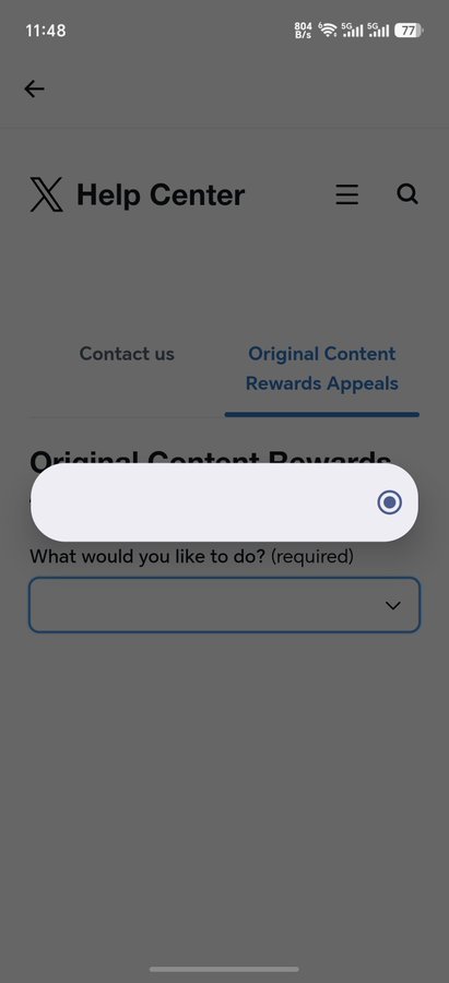 A mobile screenshot of the X (formerly Twitter) Help Center page, showing a navigation bar with 'Contact us' and 'Original Content Rewards Appeals,' with a search overlay visible.