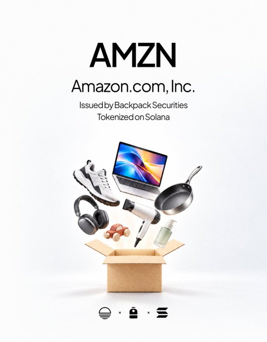 A token-style graphic labeled “AMZN” and “Amazon.com, Inc.” says “Issued by Backpack Securities” and “Tokenized on Solana,” showing products floating out of a cardboard box.