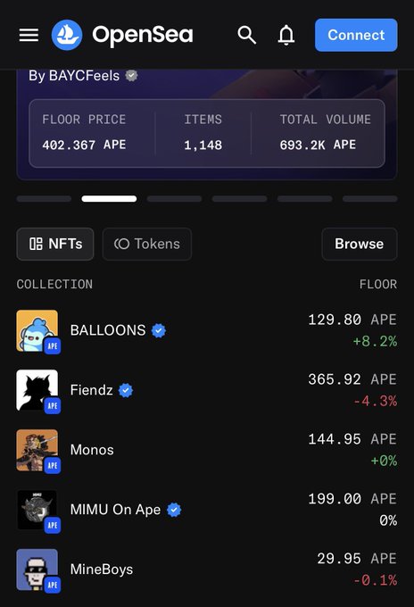 An OpenSea mobile screenshot displays NFT collections by BAYCfeels, including Balloons (129.80 APE, +8.2%), Fiendz (365.92 APE, -4.3%), Monos, MIMU On Ape, and MineBoys.