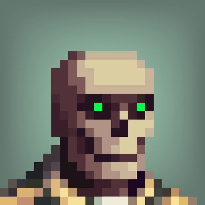 A pixel art portrait of a hooded character with glowing green eyes against a teal background.