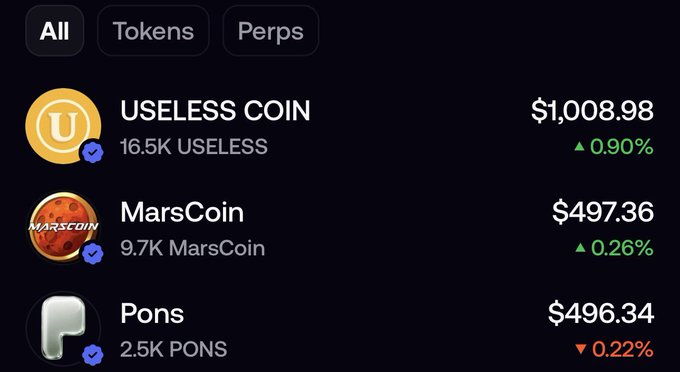 The image displays a portfolio holdings list featuring "USELESS COIN" at $1,008.98 (up 0.90%) with 16.5K USELESS held, alongside smaller positions in MarsCoin ($497.36) and Pons ($496.34). The caption highlights the top holding, USELESS COIN, as the user's main investment success that they credit to @theunipcs, reflecting the pride and gratitude expressed in the post about their portfolio growth.