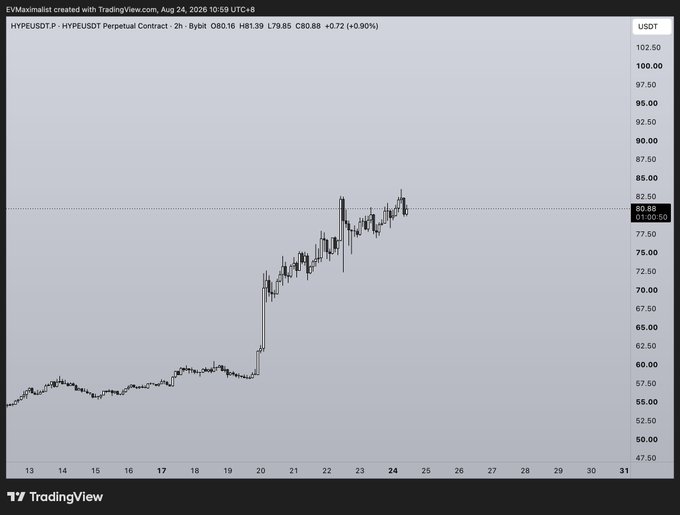 A TradingView chart of the HYP/USDT perpetual contract shows HYPE steadily climbing from ~$58 to $80.88 (+0.90%) over a 2-hour timeframe from Aug 13–24, with a clear vertical move from the $60 range around Aug 20, supporting the post's call for a push toward $100 (3 digits) "sooner rather than later."