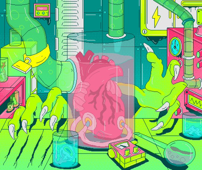 A neon-colored digital illustration shows a pink anatomical heart encased in a glass cylinder, with green zombie-like hands reaching toward it amid a chaotic lab filled with pipes, tanks, monitors, and specimen jars. The eerie sci-fi scene visually echoes the "Life Support System" theme of the NFT drop, symbolizing fragile existence and vitality.