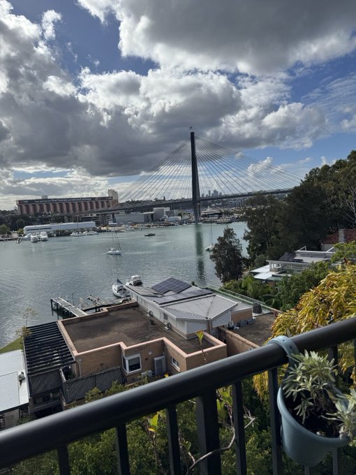A scenic view from a balcony overlooking a harbor with a large cable-stayed bridge in the distance, boats on the water, and houses with solar panels in the foreground.