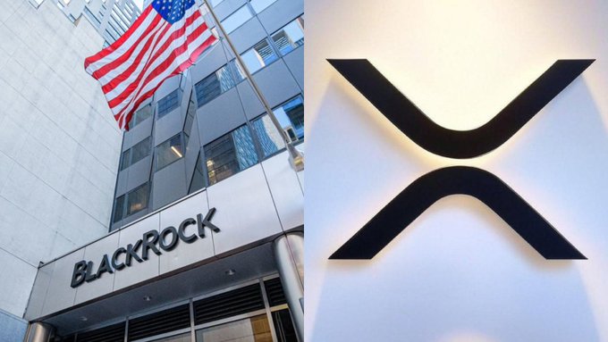 A split image shows the BlackRock office building with an American flag on the left and the XRP logo on the right, illustrating the connection between BlackRock's potential institutional interest and XRP. The accompanying text notes a senior BlackRock strategist's remarks on XRP being ready for institutional adoption.