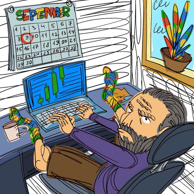 A cartoon trader lounges at a desk with a laptop showing green candlesticks, while a September calendar marks the 9th. The image evokes the accompanying post listing crypto winners and their wallet addresses: @0x_saintsultan, @elizamarrk, and @IamGemora.