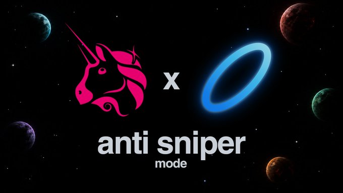 A pink unicorn logo and a glowing blue ring (Uniswap v4 symbol) flank an "x" against a space-themed background, with the text "anti sniper mode" below, visually representing the collaboration between the platform and Uniswap v4 hooks featured in the announcement.