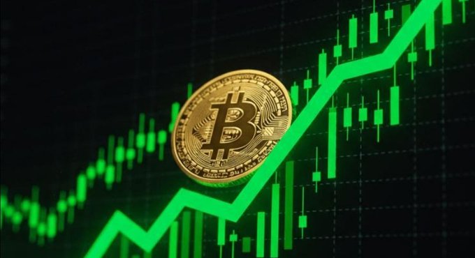 A Bitcoin coin is displayed against a green ascending candlestick chart, visually reinforcing the post's message of bullish price action and resilience above $64,000 despite ETF outflows. The upward trending chart symbolizes the "strong hands" absorbing supply and signals the potential recovery phase mentioned in the caption.