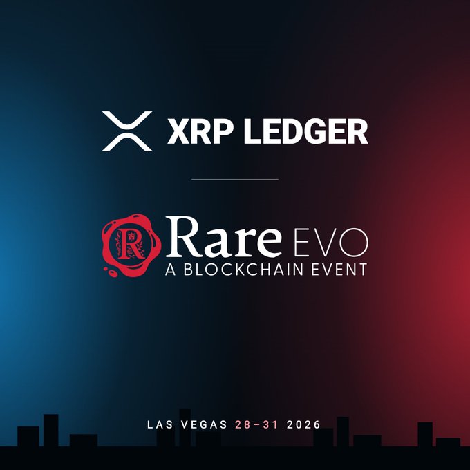 A promotional graphic for the RareEvo blockchain event featuring the XRP Ledger logo above the RareEvo seal, set against a blue-to-red gradient with a Las Vegas skyline silhouette. The text indicates the event runs from October 28-31, 2026 in Las Vegas, aligning with the post announcing attendance and excitement for the XRP Ecosystem booth at the conference.