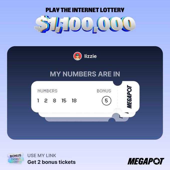 A screenshot of an internet lottery showing a ticket for user "lizzie" with the numbers 1, 2, 8, 15, 18 and a bonus number 5, displaying the headline "PLAY THE INTERNET LOTTERY $1,100,000" and "MY NUMBERS ARE IN" with a note to "USE MY LINK Get 2 bonus tickets" from Megapot—illustrating the user's post celebrating a successful lottery win after completing tasks via the Jumper app.