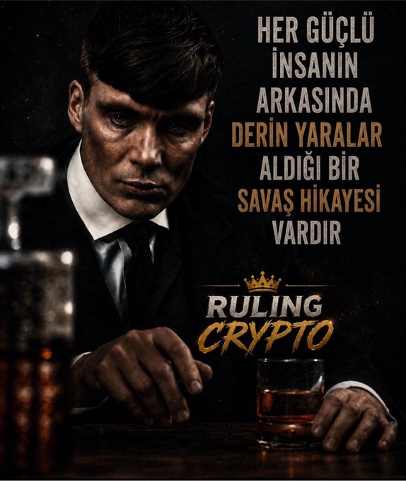 The image shows a moody, dark portrait resembling the "Peaky Blinders" aesthetic — a stern man in a suit seated at a bar with a whiskey glass, overlaid with Turkish text "Her güçlü insanın arkasında derin yaralar aldığı bir savaş hikayesi vardır" (meaning "Behind every strong person is a story of a battle that left deep wounds") and the "Ruling Crypto" logo with a crown. 

The caption ties into the post's resilient message about not giving up — pairing the gritty warrior imagery with the quote about strength forged through hardship, reinforcing the hashtagged sentiment about #BTC, #ETH, and crypto perseverance heading into the weekend.
