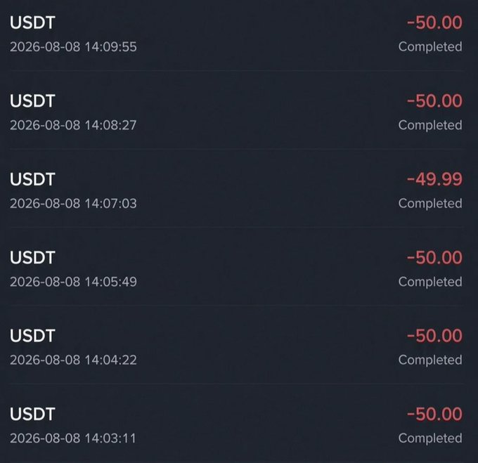 A dark-themed transaction history showing multiple completed USDT withdrawals of -50.00 and -49.99, all dated 2026-08-08 between 14:03:11 and 14:09:55.