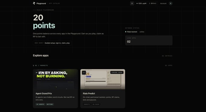 A dark-themed web interface for 'Playground' showing '20 points' balance with apps including 'Agent Grand Prix' and 'Riado Predict'.