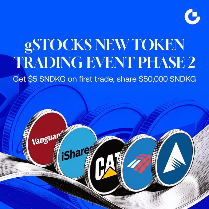 A promotional graphic for "gSTOCKS NEW TOKEN TRADING EVENT PHASE 2" featuring a blue background with stacked coins displaying brand logos including Vanguard, iShares, CAT, American Airlines, and Ameritrade, advertising $5 SNDKG rewards on first trades and a share of $50,000 SNDKG.