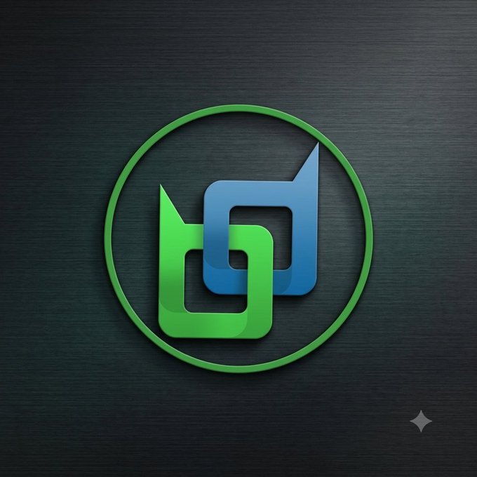 A 3D-rendered logo featuring interlocking green and blue chat bubble icons inside a green circular border on a dark background.