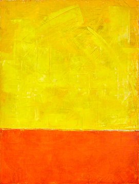 An abstract painting featuring a textured yellow upper portion and an orange lower portion.