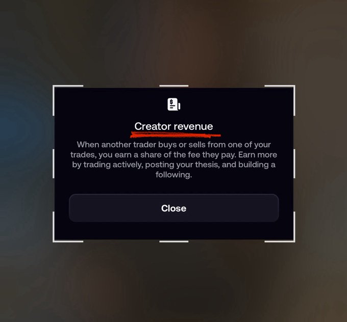 This image shows a pop-up window explaining "Creator revenue," where users earn a share of trading fees when another trader trades with them. The post implies this feature is a desperate attempt by "Fomo" to compete with "Pump's" existing offerings.