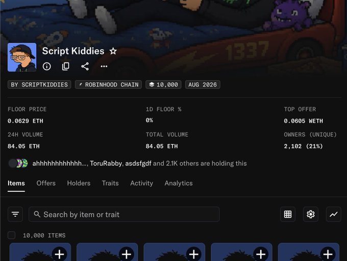 A NFT marketplace page for a collection called 'Script Kiddies' on Robinhood Chain with 10,000 items, showing a floor price of 0.0629 ETH and total volume of 84.05 ETH.