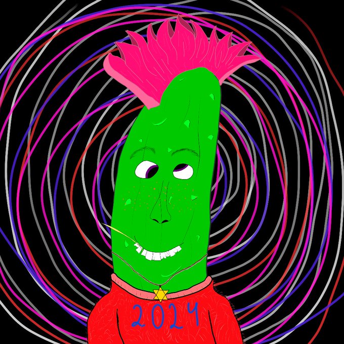 A cartoon illustration of a green, phallic-shaped character with a pink mohawk, smiling and wearing a red shirt labeled '2024' with a star pendant, set against a background of swirling purple and white circles.