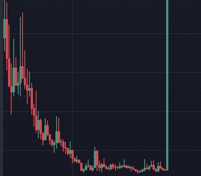 A candlestick chart displays a sharp downward price trend, with values steadily declining from the top left before leveling off into a low range at the bottom right, where a single tall green candle indicates a sudden dramatic price spike—suggesting an imminent breakout for the $Bonk token.